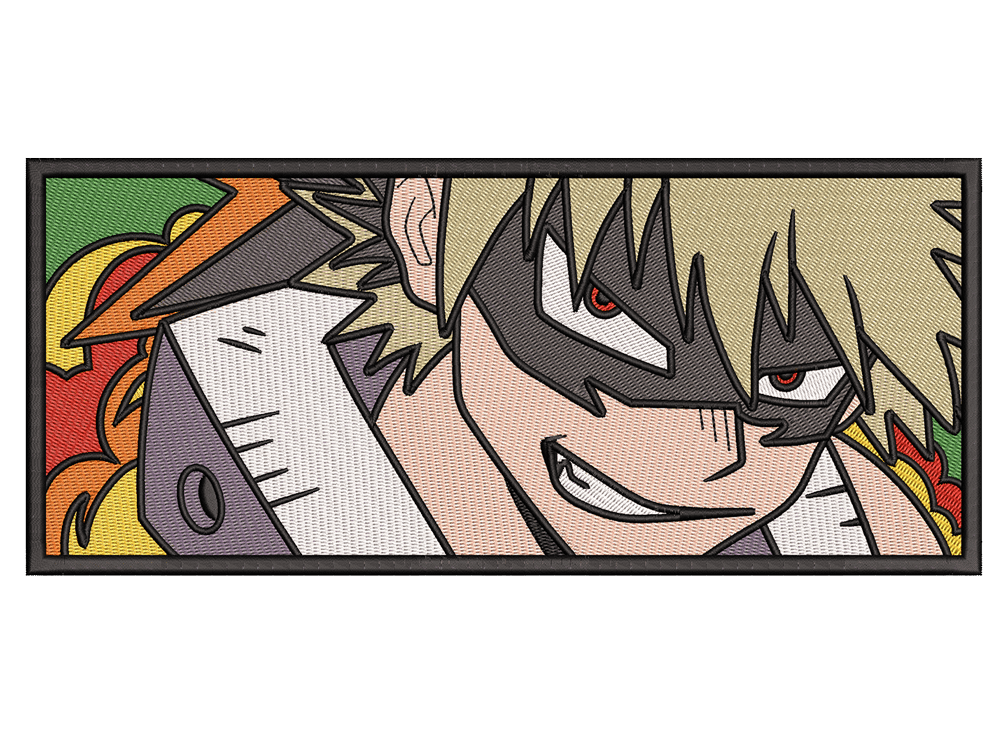 Anime-Inspired Katsuki Bakugo Embroidery Design File main image - This anime embroidery designs files featuring Katsuki Bakugo from My Hero Academia . Digital download in DST & PES formats. High-quality machine embroidery patterns by EmbroPlex.