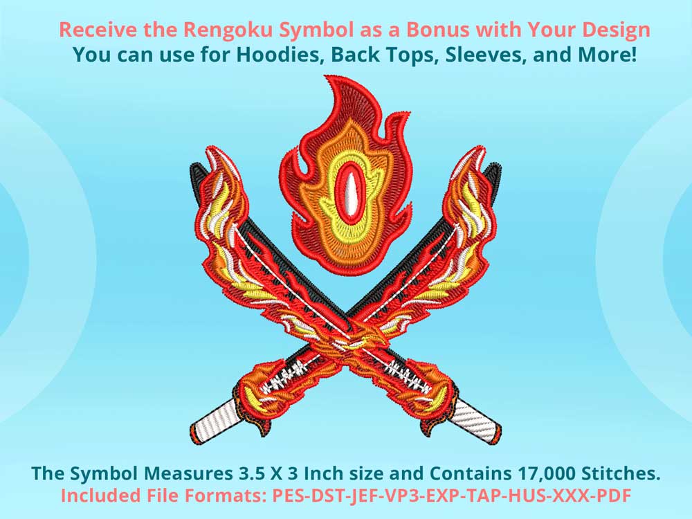 Anime-Inspired Rengoku Embroidery Design File main image - This anime embroidery designs files featuring Rengoku from Demon Slayer. Digital download in DST & PES formats. High-quality machine embroidery patterns by EmbroPlex.