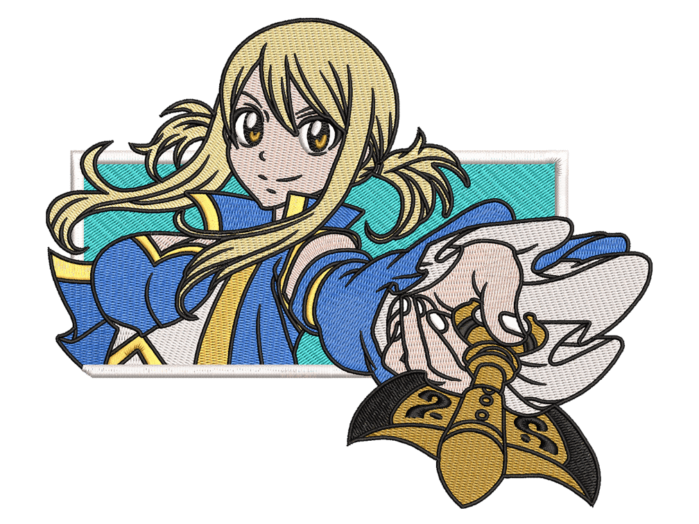 Anime-Inspired Lucy Heartfilia Embroidery Design File main image - This anime embroidery designs files featuring Lucy Heartfilia from Fairy Tail. Digital download in DST & PES formats. High-quality machine embroidery patterns by EmbroPlex.