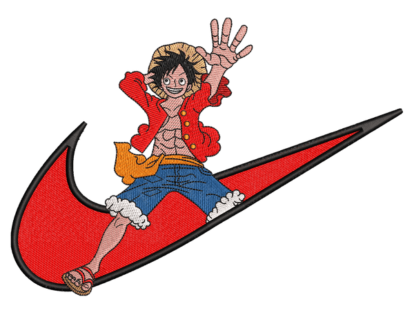 Swoosh-Inspired  Luffy  Embroidery Design File main image - This Swoosh embroidery designs file featuring  Luffy from Swoosh. Digital download in DST & PES formats. High-quality machine embroidery patterns by EmbroPlex.