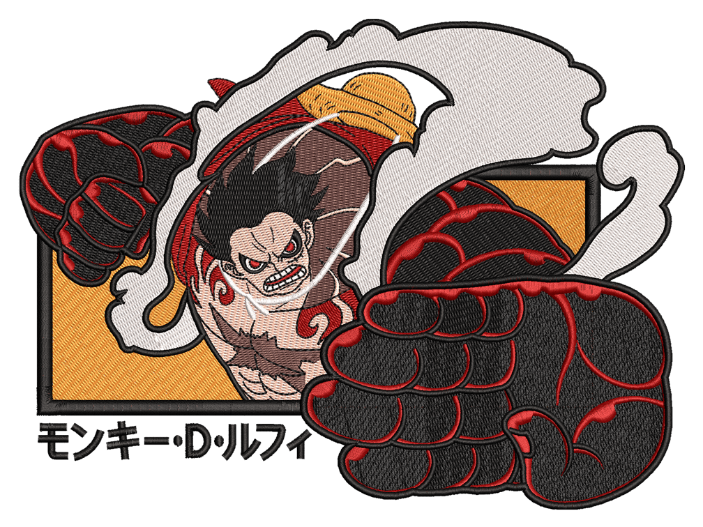  Anime-Inspired Luffy Fourth Gear   Embroidery Design File main image - This anime embroidery designs files featuring Luffy Fourth Gear   from One Piece. Digital download in DST & PES formats. High-quality machine embroidery patterns by EmbroPlex.