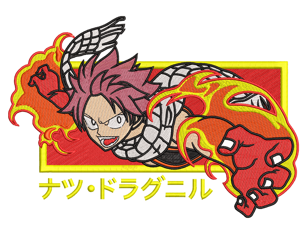 Anime-Inspired Natsu Dragneel Embroidery Design File main image - This anime embroidery designs files featuring Natsu Dragneel from Fairy Tail. Digital download in DST & PES formats. High-quality machine embroidery patterns by EmbroPlex.