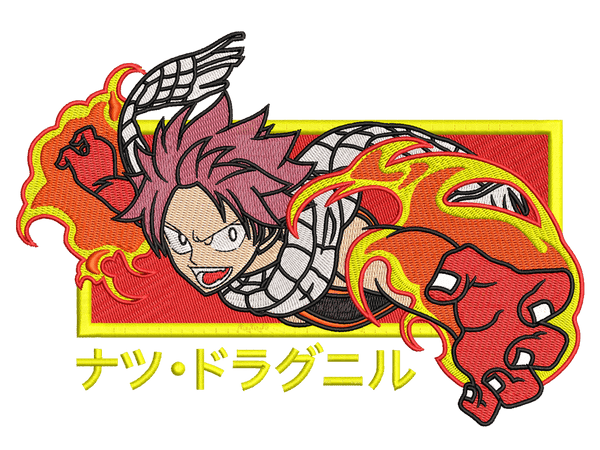 Anime-Inspired Natsu Dragneel Embroidery Design File main image - This anime embroidery designs files featuring Natsu Dragneel from Fairy Tail. Digital download in DST & PES formats. High-quality machine embroidery patterns by EmbroPlex.