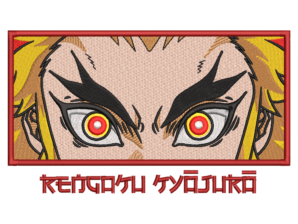 Anime-Inspired Rengoku Embroidery Design File main image - This anime embroidery designs files featuring Rengoku from Demon Slayer. Digital download in DST & PES formats. High-quality machine embroidery patterns by EmbroPlex.