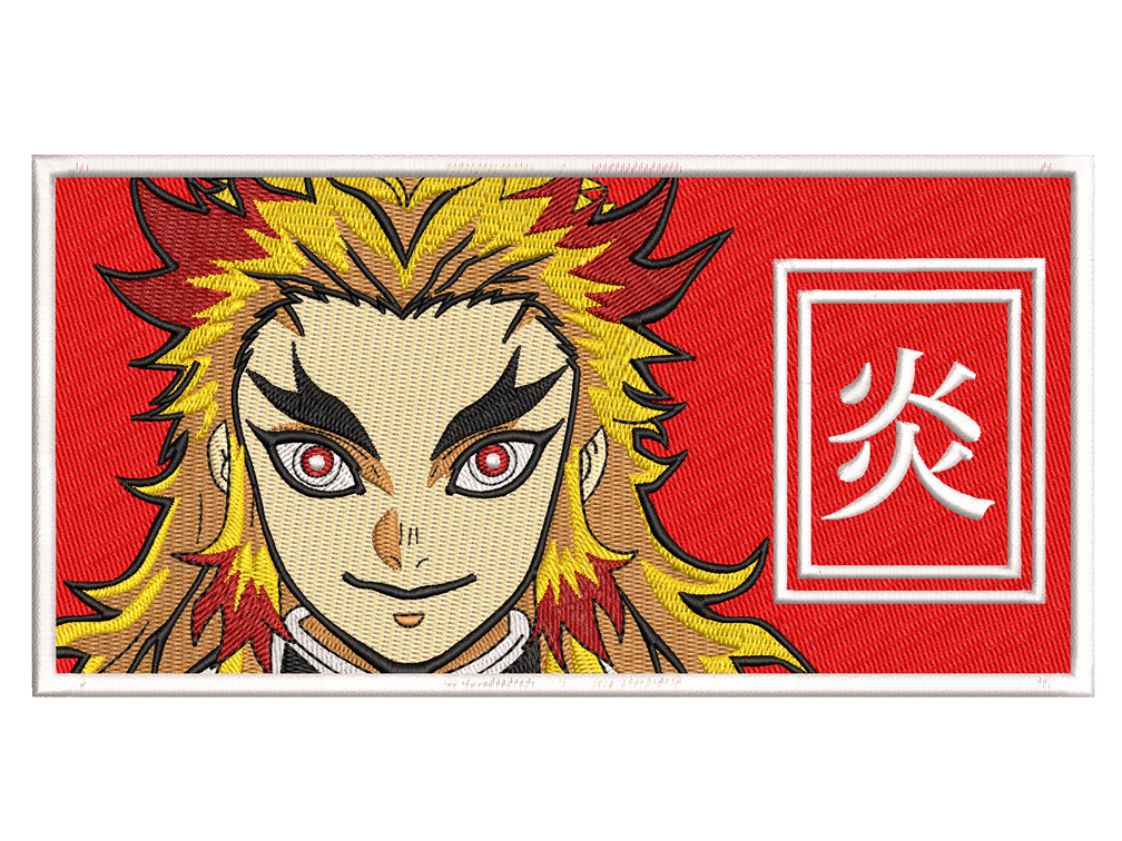 Anime-Inspired kyojuro Rengoku Embroidery Design File main image - This anime embroidery designs files featuring kyojuro Rengoku from Demon Slayer. Digital download in DST & PES formats. High-quality machine embroidery patterns by EmbroPlex.