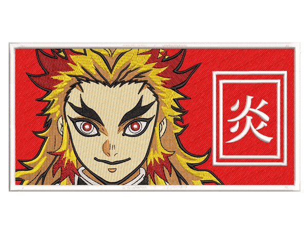 Anime-Inspired kyojuro Rengoku Embroidery Design File main image - This anime embroidery designs files featuring kyojuro Rengoku from Demon Slayer. Digital download in DST & PES formats. High-quality machine embroidery patterns by EmbroPlex.