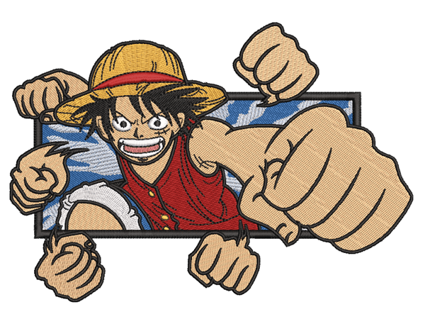 Anime-Inspired Luffy Punch Embroidery Design File main image - This anime embroidery designs files featuring Luffy Punch from One Piece . Digital download in DST & PES formats. High-quality machine embroidery patterns by EmbroPlex.