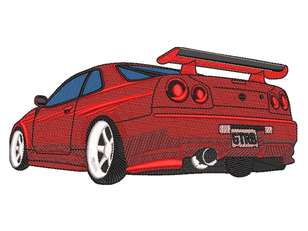Car-Inspired  Nissan Skyline GT-R34 Embroidery Design File main image - This anime embroidery designs files featuring  Nissan Skyline GT-R34 from Car. Digital download in DST & PES formats. High-quality machine embroidery patterns by EmbroPlex.
