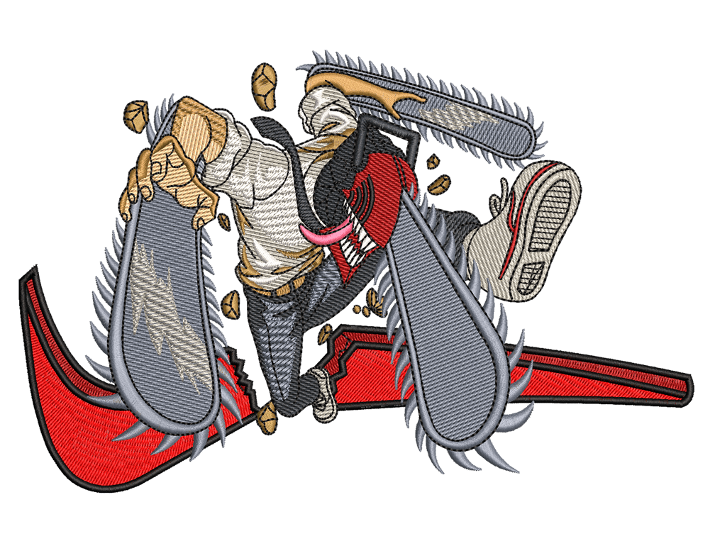 Swoosh-Inspired Chainsaw Man Embroidery Design File main image - This Swoosh embroidery designs file featuring Chainsaw Man from Swoosh. Digital download in DST & PES formats. High-quality machine embroidery patterns by EmbroPlex.
