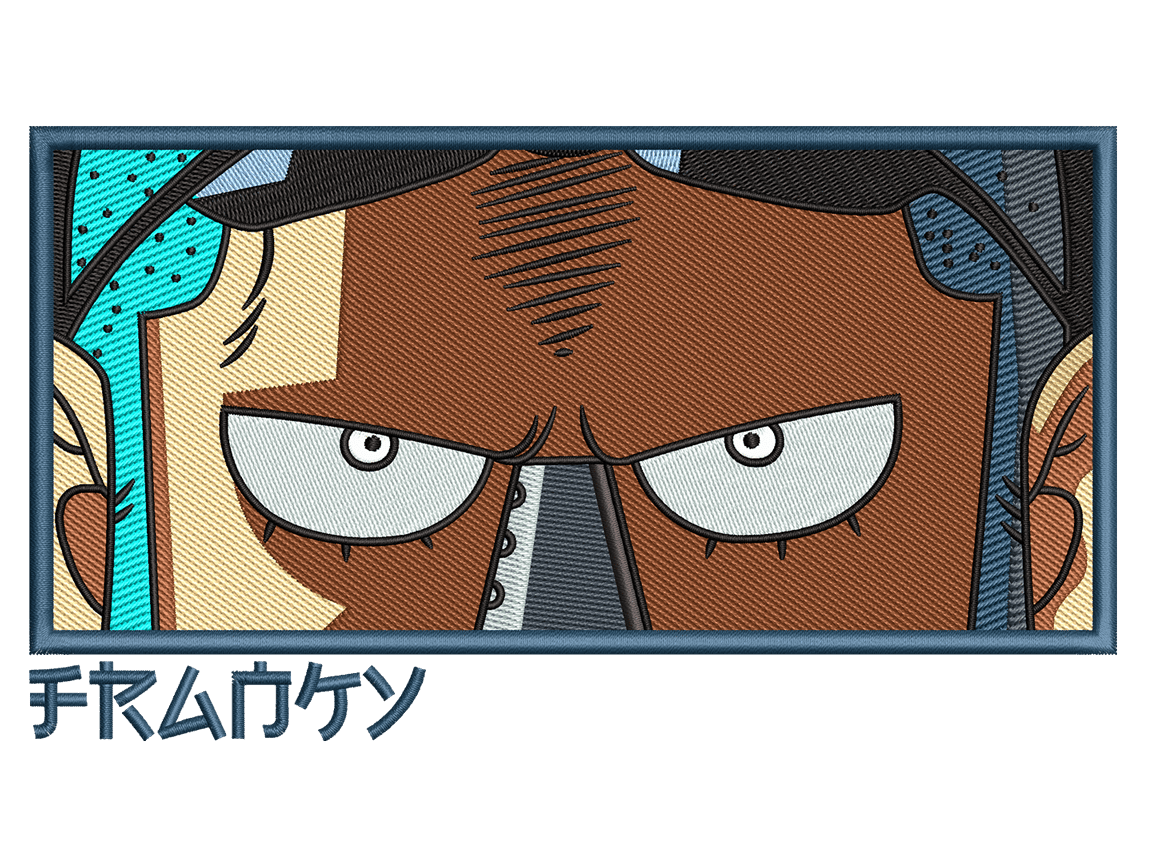 Anime-Inspired Franky Embroidery Design File main image - This anime embroidery designs files featuring Franky from One Piece. Digital download in DST & PES formats. High-quality machine embroidery patterns by EmbroPlex.
