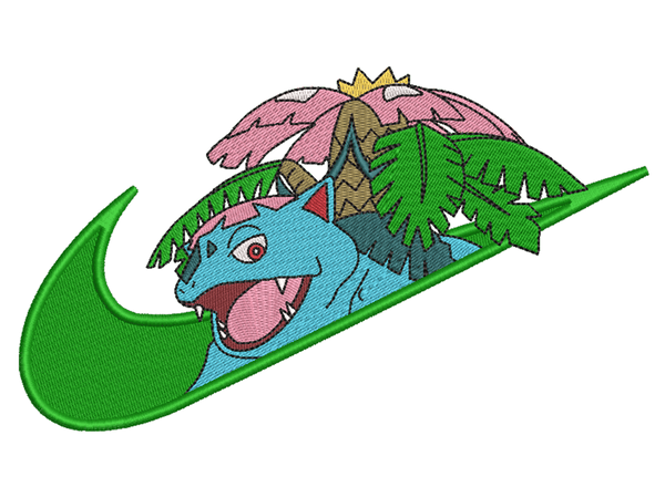 Swoosh-Inspired  Bulbasaur Embroidery Design File main image - This Swoosh embroidery designs file featuring Bulbasaur from Swoosh. Digital download in DST & PES formats. High-quality machine embroidery patterns by EmbroPlex.