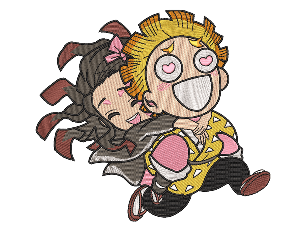 Anime-Inspired  Zenitsu & Nezuko Embroidery Design File main image - This anime embroidery designs files featuring Zenitsu & Nezuko from Demon Slayer. Digital download in DST & PES formats. High-quality machine embroidery patterns by EmbroPlex.