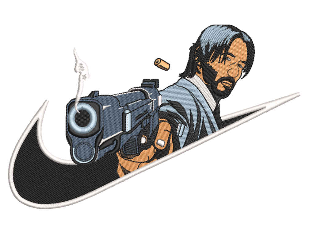 Swoosh-Inspired  John Wick Embroidery Design File main image - This Swoosh embroidery designs file featuring John Wick from Swoosh. Digital download in DST & PES formats. High-quality machine embroidery patterns by EmbroPlex.