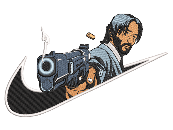 Swoosh-Inspired  John Wick Embroidery Design File main image - This Swoosh embroidery designs file featuring John Wick from Swoosh. Digital download in DST & PES formats. High-quality machine embroidery patterns by EmbroPlex.