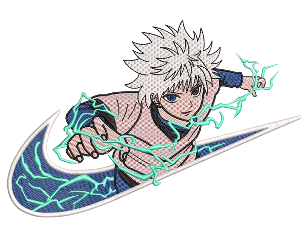 Swoosh-Inspired  Killua Embroidery Design File main image - This Swoosh embroidery designs file featuring Killua from Swoosh. Digital download in DST & PES formats. High-quality machine embroidery patterns by EmbroPlex.