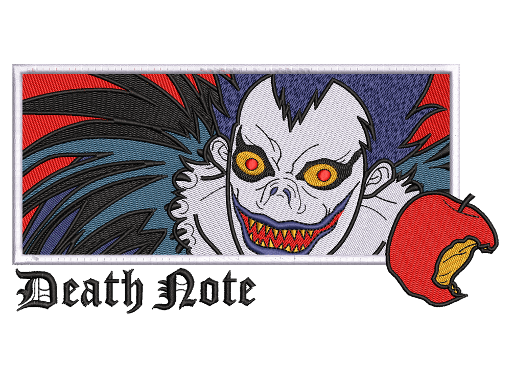 Anime-Inspired Death Note Embroidery Design File main image - This anime embroidery designs files featuring Death Note from Death Note. Digital download in DST & PES formats. High-quality machine embroidery patterns by EmbroPlex.