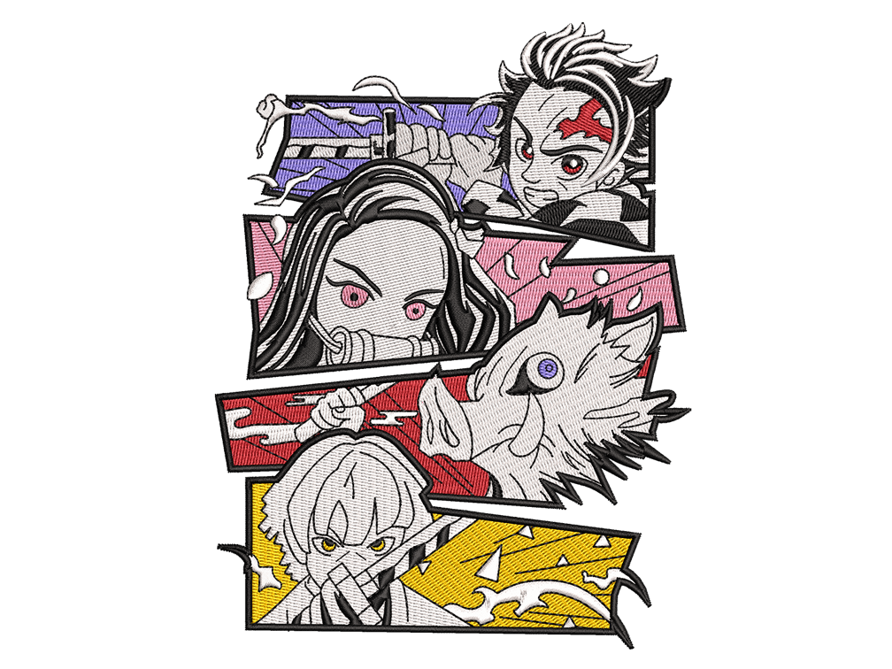 Anime-Inspired Demon Slayer Gang Embroidery Design File main image - This anime embroidery designs files featuring Demon Slayer Gang from Demon Slayer. Digital download in DST & PES formats. High-quality machine embroidery patterns by EmbroPlex.