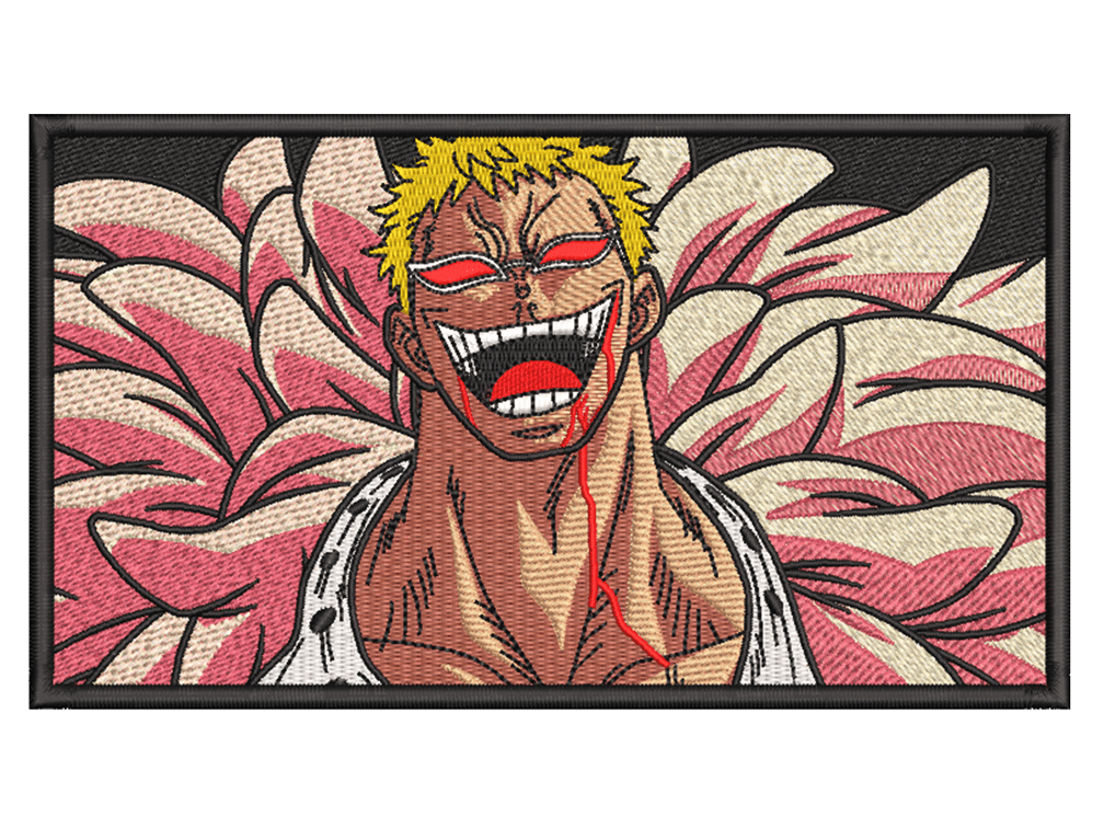 Anime-Inspired Donquixote Doflamingo Embroidery Design File main image - This anime embroidery designs files featuring Donquixote Doflamingo from One Piece. Digital download in DST & PES formats. High-quality machine embroidery patterns by EmbroPlex.