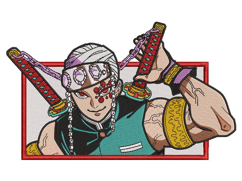 Anime-Inspired Tengen Uzui Embroidery Design File main image - This anime embroidery designs files featuring Tengen Uzui from Demon Slayer. Digital download in DST & PES formats. High-quality machine embroidery patterns by EmbroPlex.