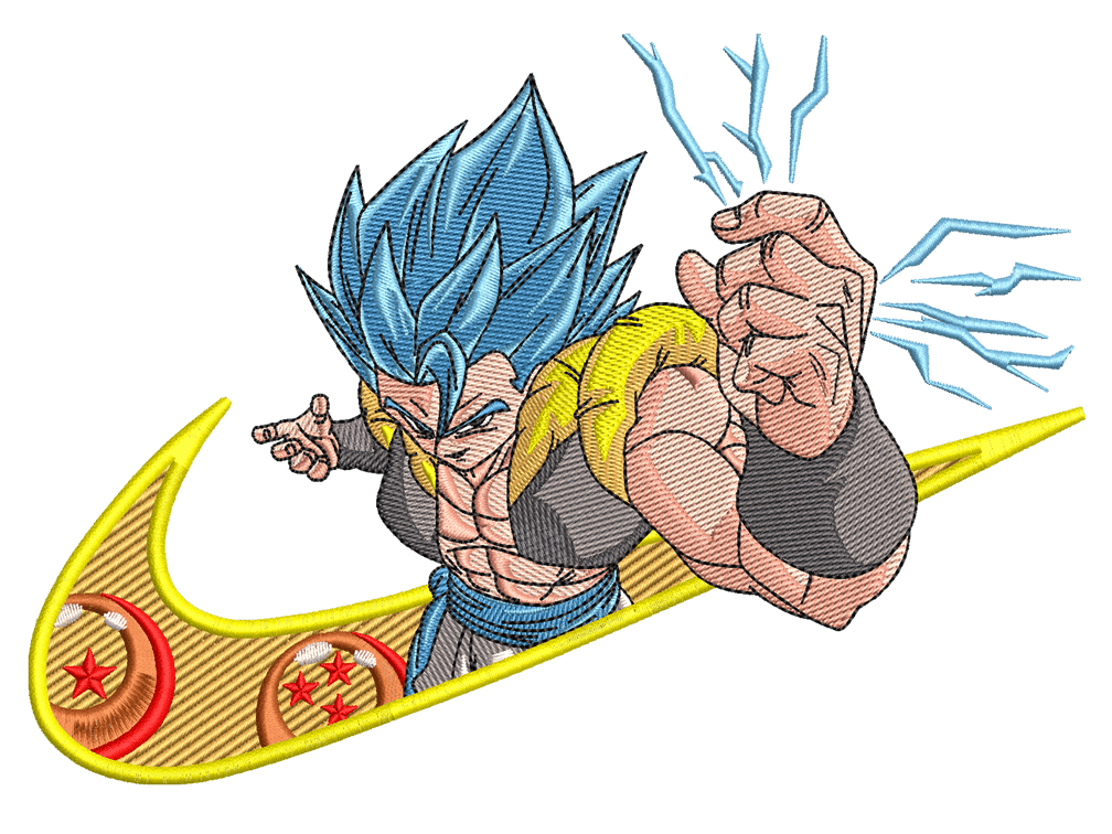 Swoosh-Inspired  Gogeta Embroidery Design File main image - This Swoosh embroidery designs file featuring Gogeta from Swoosh. Digital download in DST & PES formats. High-quality machine embroidery patterns by EmbroPlex.