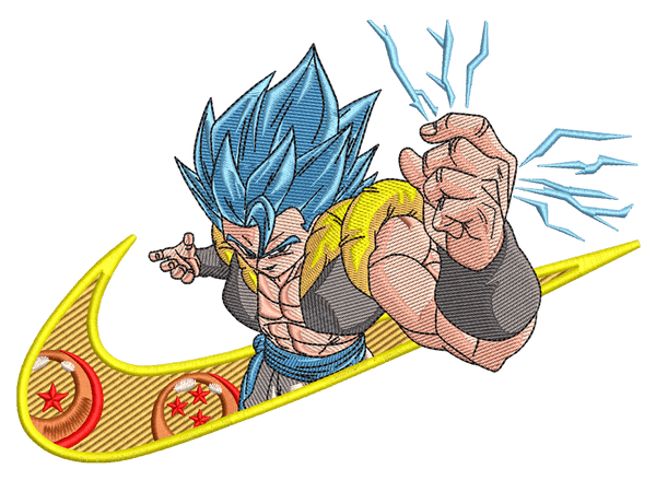 Swoosh-Inspired  Gogeta Embroidery Design File main image - This Swoosh embroidery designs file featuring Gogeta from Swoosh. Digital download in DST & PES formats. High-quality machine embroidery patterns by EmbroPlex.