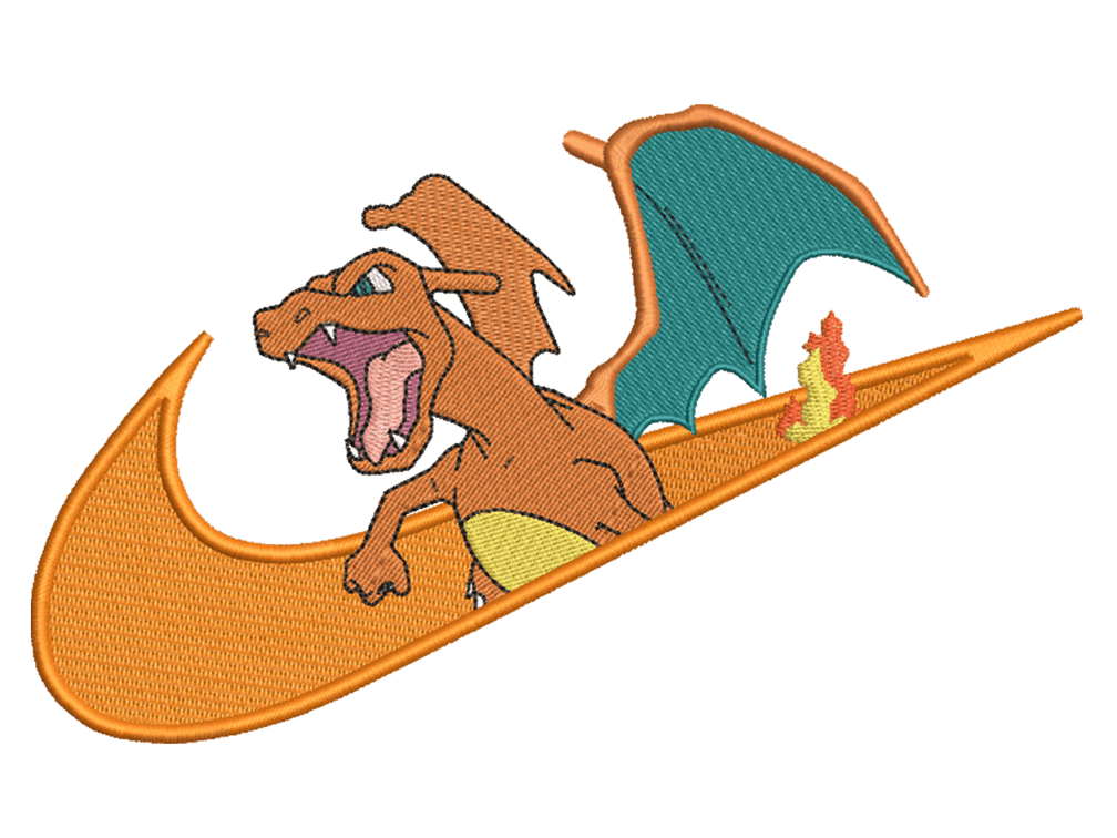 Swoosh-Inspired  Charmander Embroidery Design File main image - This Swoosh embroidery designs file featuring Charmander  from Swoosh. Digital download in DST & PES formats. High-quality machine embroidery patterns by EmbroPlex.