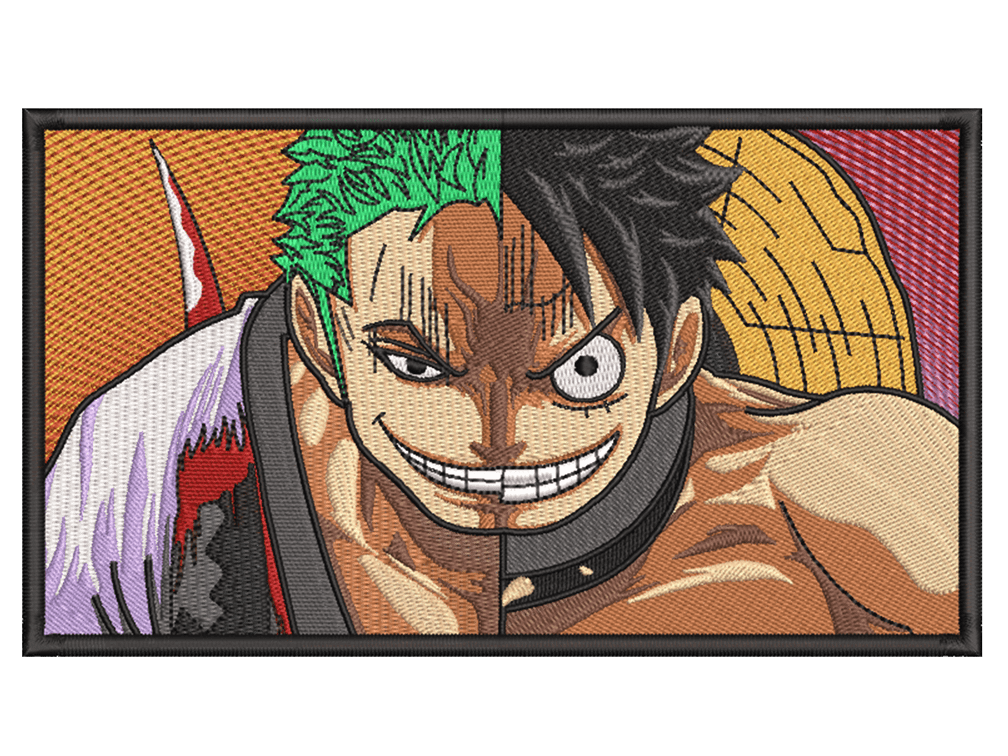 Anime-Inspired Zoro & Luffy Embroidery Design File main image - This anime embroidery designs files featuring Zoro & Luffy from One Piece. Digital download in DST & PES formats. High-quality machine embroidery patterns by EmbroPlex.