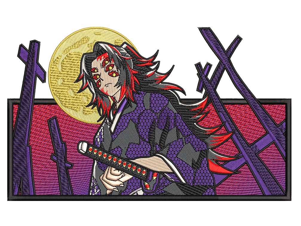 Anime-Inspired Kokushibo Embroidery Design File main image - This anime embroidery designs files featuring Kokushibo from Demon Slayer. Digital download in DST & PES formats. High-quality machine embroidery patterns by EmbroPlex.
