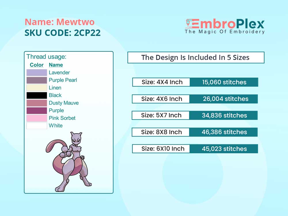 Embroidery PDF guide for the Pokemon-Inspired Mewtwo Embroidery Design File main image - This cartoon
embroidery designs files featuring Mewtwo from pokemon Digital download in DST & PES formats. High-quality machine embroidery patterns by EmbroPlex.