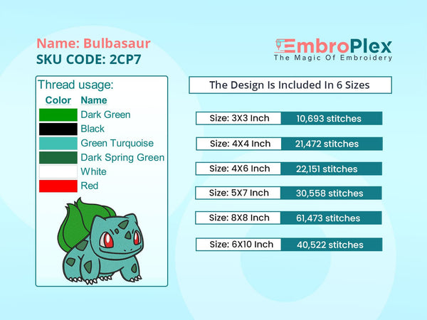 Embroidery PDF of the Bulbasaur cartoon Embroidery design file, Suitable with any Embroidery Machine - Available in All Hoop Sizes