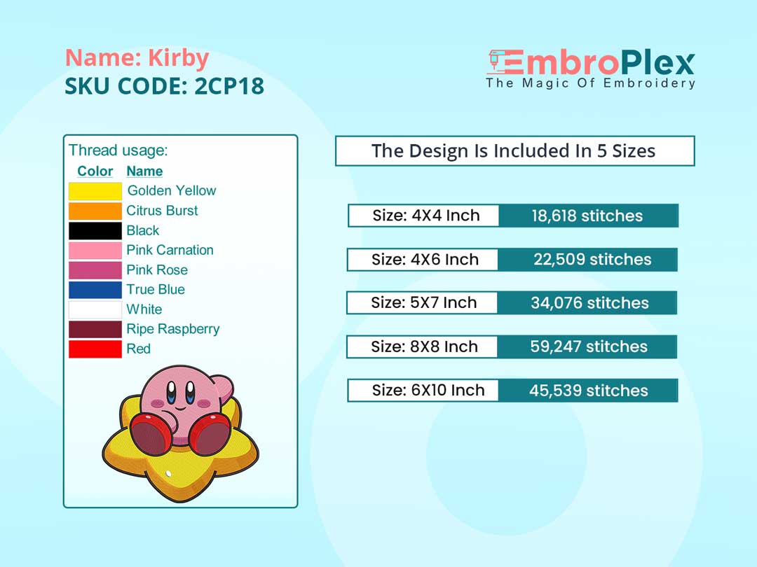 Embroidery pdf of the Pokemon-Inspired Kirby Embroidery Design File main image - This cartoon
embroidery designs files featuring Kirby from pokemon Digital download in DST & PES formats. 