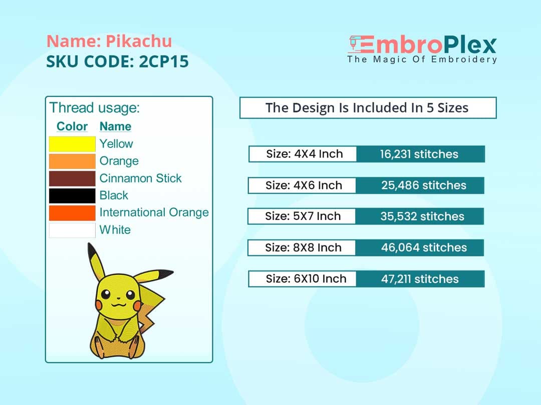 Embroidery pdf of the Premium Pikachu embroidery design, Kids embroidery file, 5 Sizes Available, Digital Download