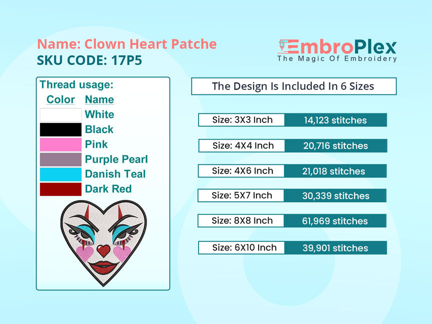 Embroidery size info of the Spooky Clown Heart Patch Embroidery Design File