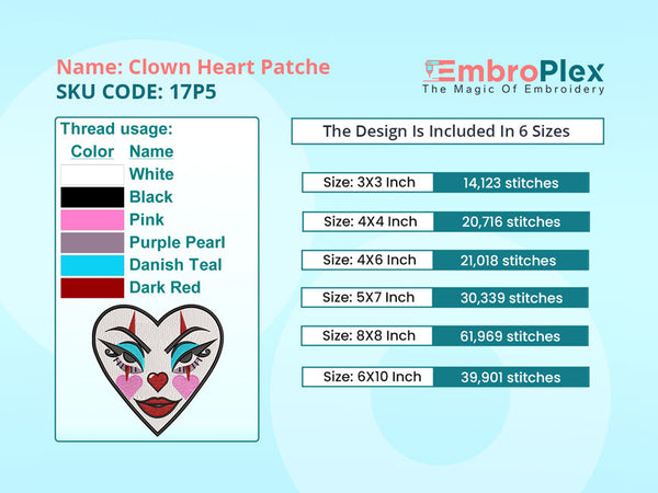 Embroidery size info of the Spooky Clown Heart Patch Embroidery Design File