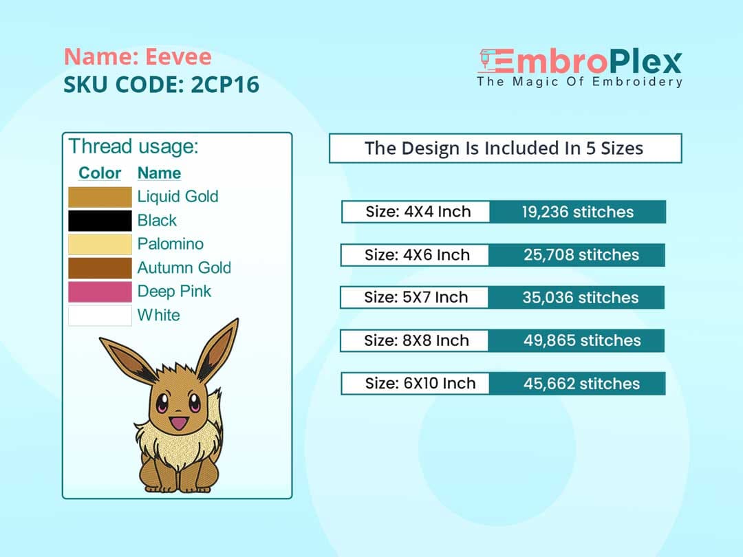 Embroidery pdf of the Cartoon Pokemon-Inspired Eevee Embroidery Design File main image - This cartoon
embroidery designs files featuring Eevee from Pokemon Digital download in DST & PES formats. High-quality machine embroidery patterns by EmbroPlex.