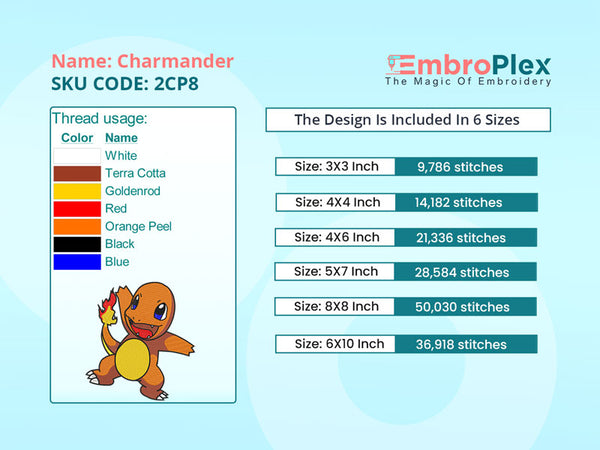 Cute Charmander Cartoon Embroidery File For Machine Embroidery - Available in All Hoop Sizes