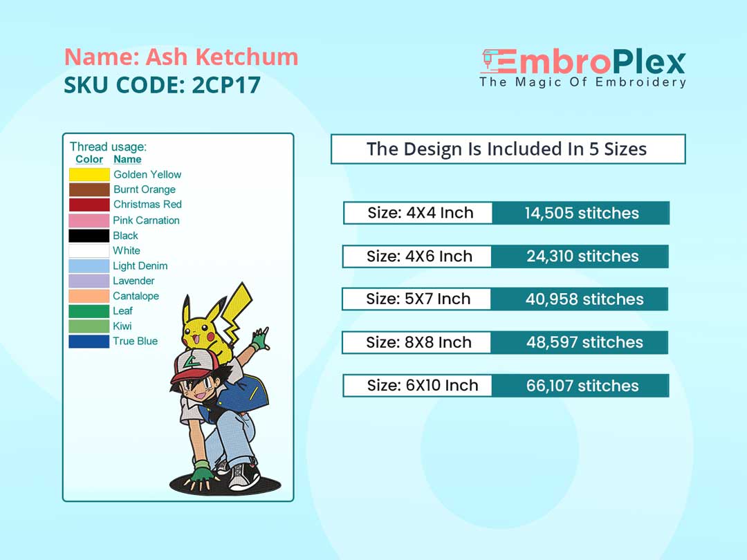 Embroidery pdf of the cartoon Pokémon-Inspired Ash Ketchum Embroidery Design File