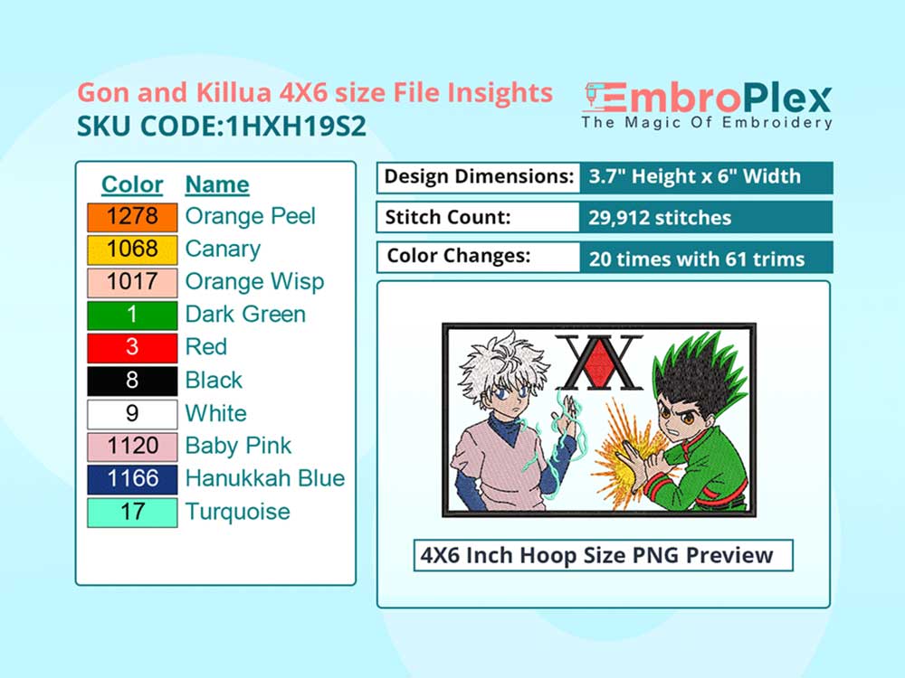 Anime-Inspired Gon and Kilua Embroidery Design File - 4x6 Inch hoop Size Variation overview image