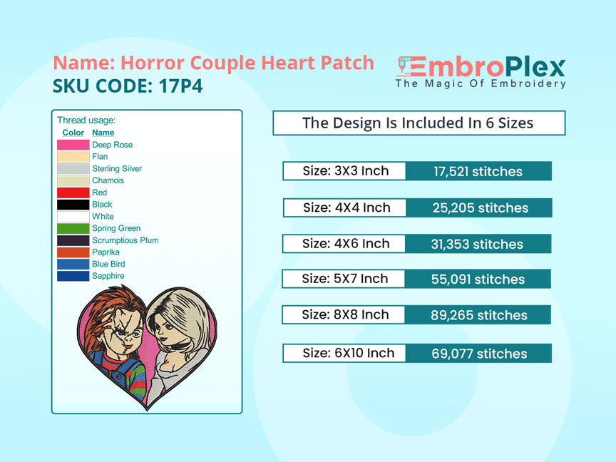 Horror Couple Heart Patch Embroidery Design file Size Info