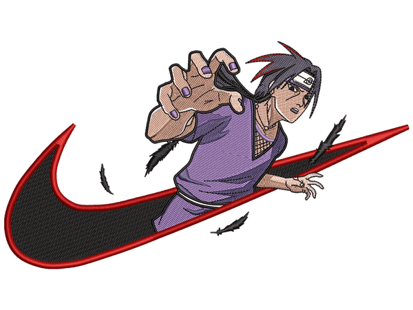 Anime-Inspired Itachi Swoosh Embroidery Design File main image - This anime embroidery designs files featuring Itachi Swoosh from Swoosh ft anime. Digital download in DST & PES formats. High-quality machine embroidery patterns by EmbroPlex.