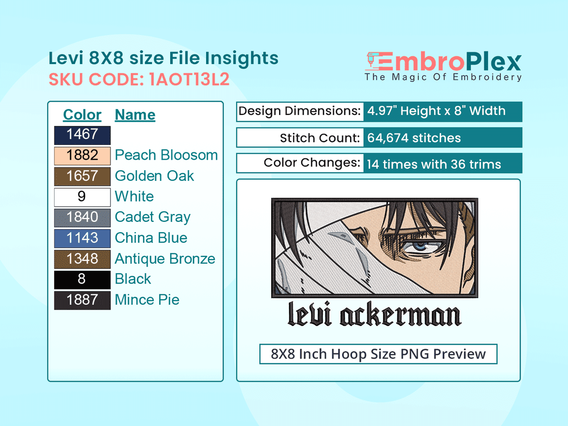 Anime-Inspired Levi Ackerman  Embroidery Design File - 8x8 Inch hoop Size Variation overview image