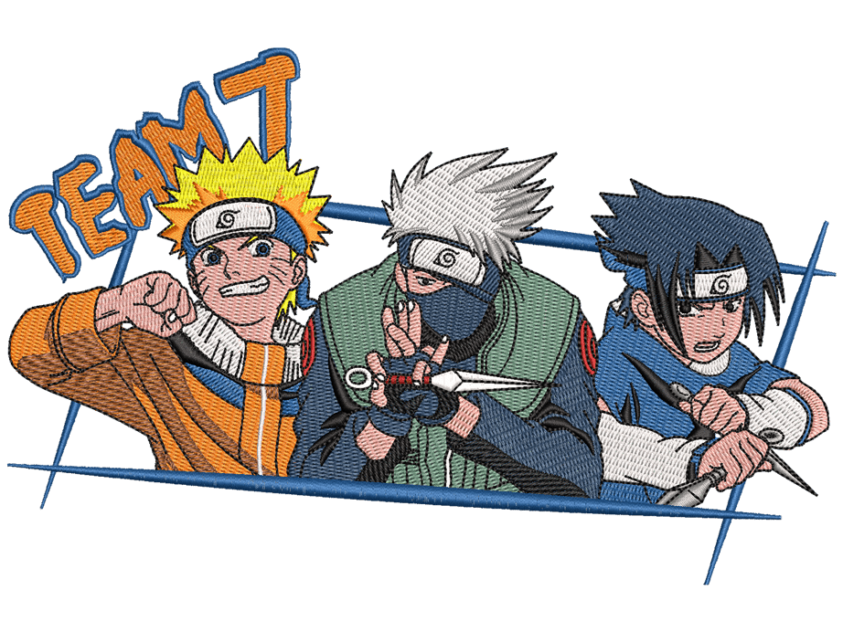 Anime-Inspired Team 7 Naruto Embroidery Design File main image - This anime embroidery designs files featuring Team 7 Naruto from Naruto. Digital download in DST & PES formats. High-quality machine embroidery patterns by EmbroPlex.