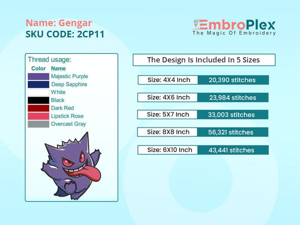 Embroidery PDF guide ot the Gengar Machine embroidery design file, Kids embroidery for gifts, 5 Sizes, Instant Download