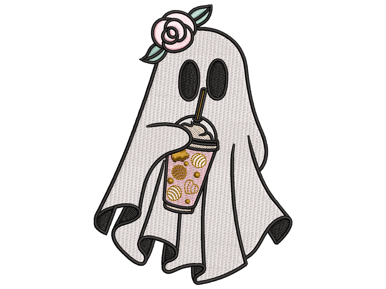 Spooky Cute Ghost with Bubble Tea Embroidery Design, Halloween Embroidery Design - Available In All Hoop Sizes.