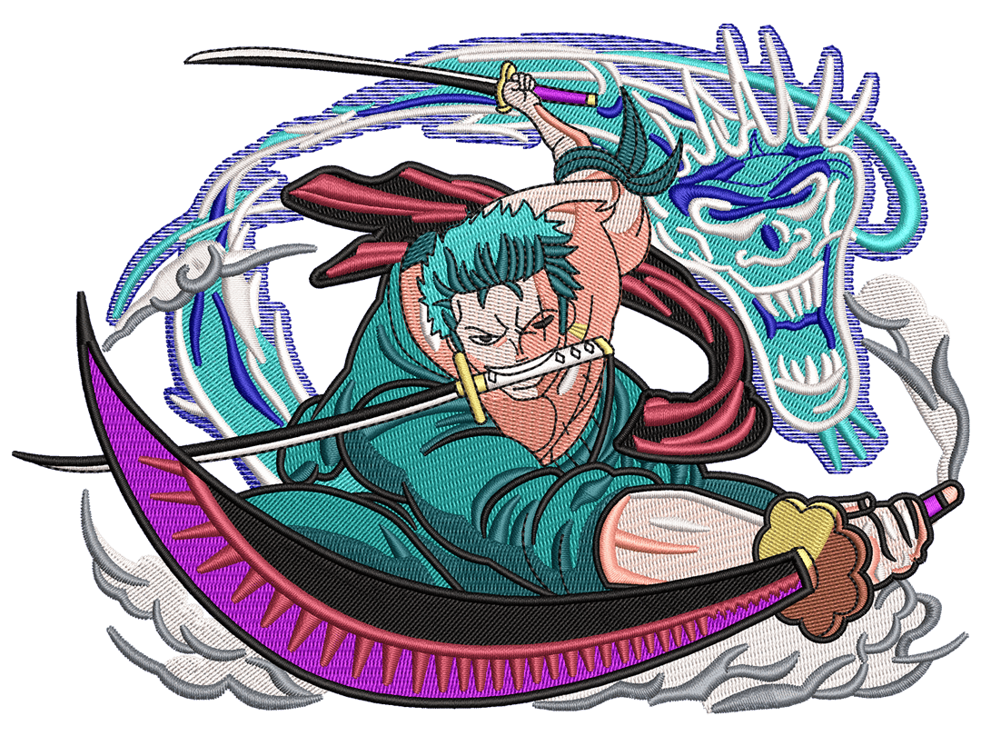 Anime-Inspired Roronoa Zoro Embroidery Design File main image - This anime
embroidery designs files featuring Roronoa Zoro from One Piece Digital download in DST & PES formats. High-quality machine embroidery patterns by EmbroPlex.