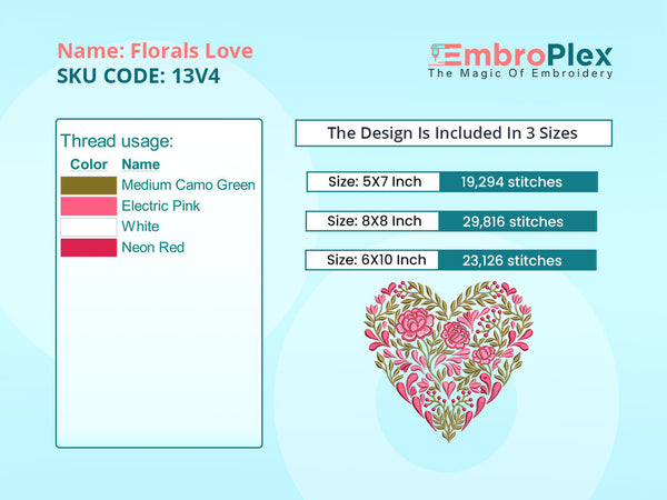 Embroidery PDF guide for the Love Shape Florals Embroidery Design Files