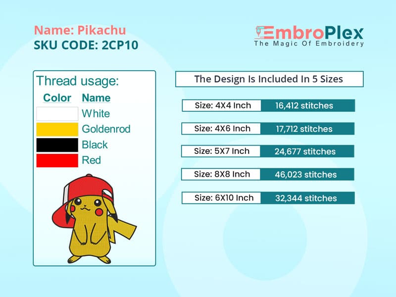 Pikachu Cartoon Embroidery Design File, Compatible with All Embroidery Machines, Available in all hoop sizes