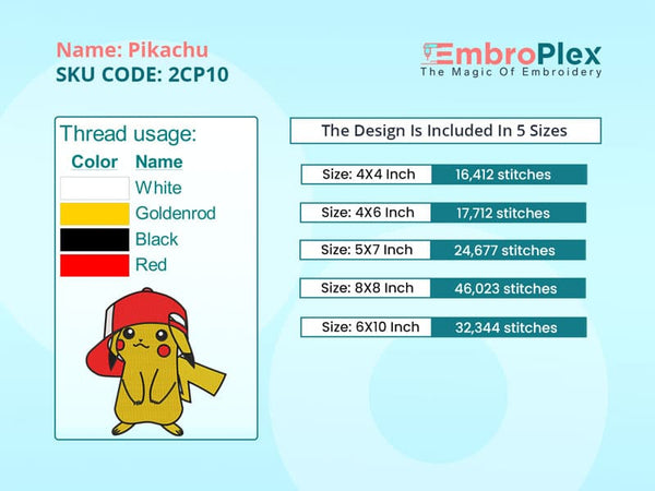 Pikachu Cartoon Embroidery Design File, Compatible with All Embroidery Machines, Available in all hoop sizes