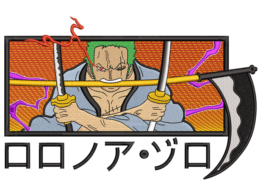 Anime-Inspired Roronoa Zoro Embroidery Design File main image - This anime embroidery designs files featuring Roronoa Zoro from One Piece. Digital download in DST & PES formats. High-quality machine embroidery patterns by EmbroPlex.