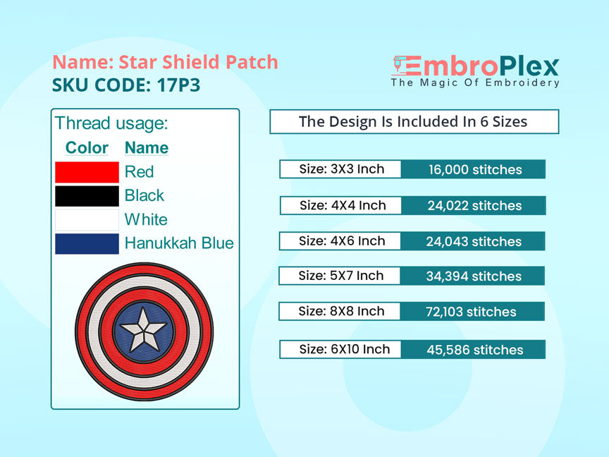 Star Shield Patch Embroidery Design file Size Info